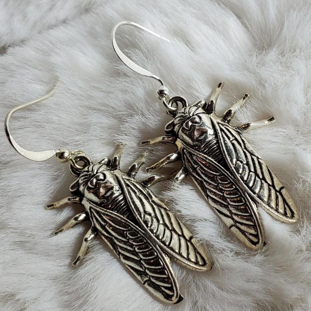 Silver Cicada Charm Bug Beetle Earrings
